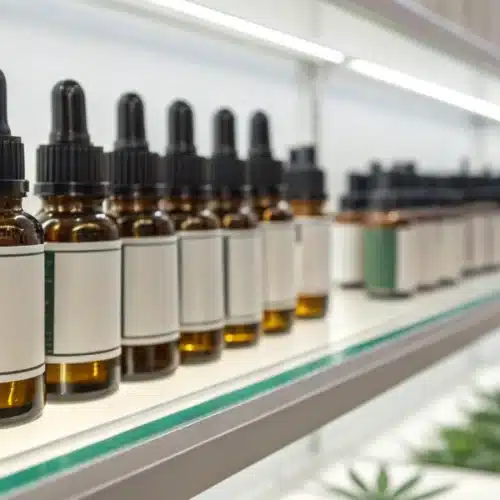 A glass dropper bottle filled with golden cannabis oil rests beside fresh green cannabis leaves on a light surface.