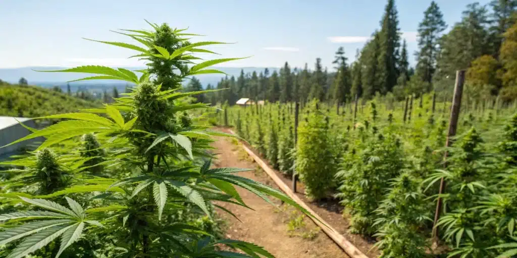 Scientists in lab coats and safety glasses working with equipment and a cannabis plant in a bright laboratory.