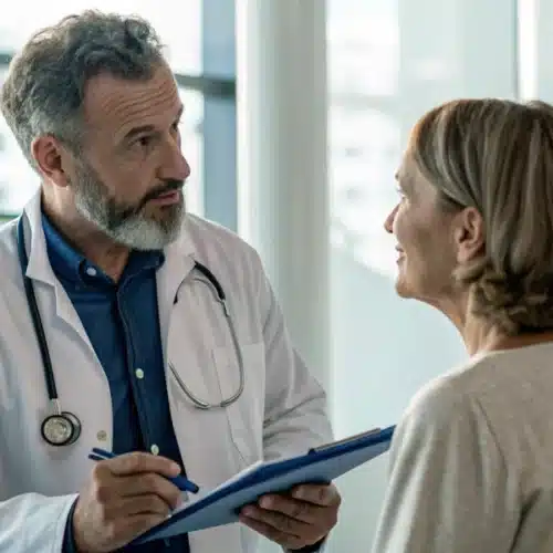 A male doctor in a white coat, with a stethoscope, talks to a female patient, holding a clipboard.