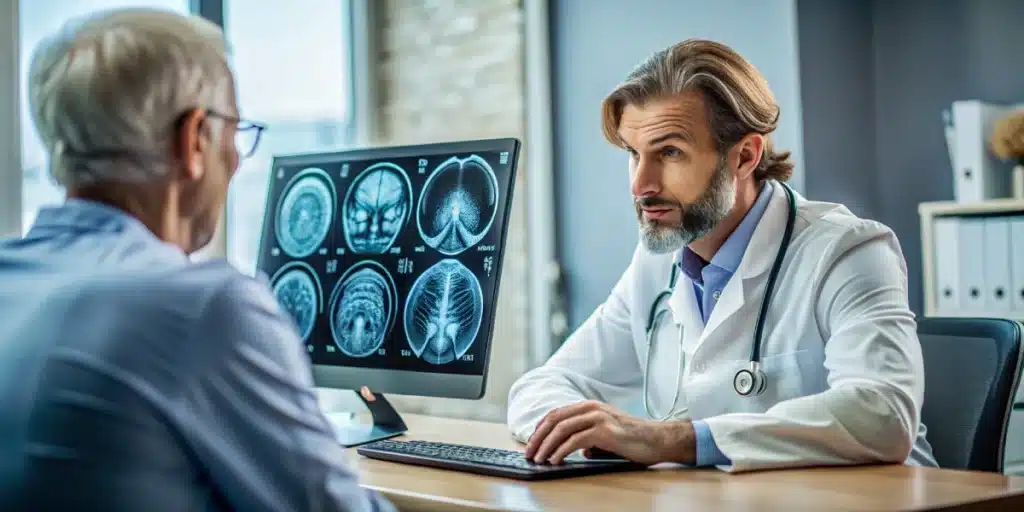 Realistic image of a doctor discussing brain imaging and cannabis treatment for brain cancer with a patient in a modern clinical setting.