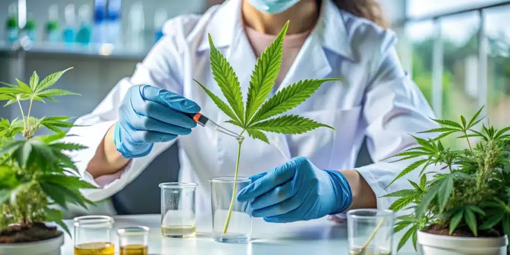 Realistic photo of a researcher examining cannabis leaves in a state-of-the-art laboratory for brain cancer treatment research.
