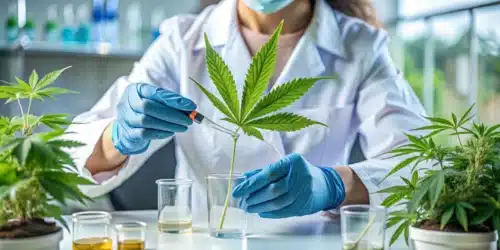 Realistic photo of a researcher examining cannabis leaves in a state-of-the-art laboratory for brain cancer treatment research.