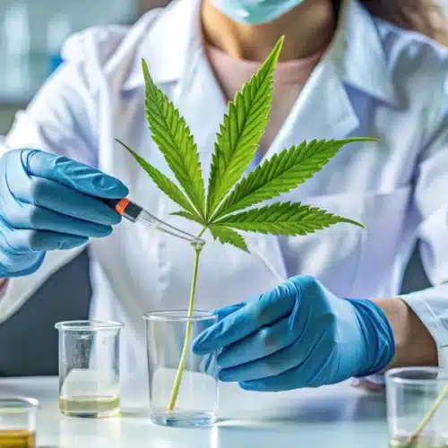 Realistic photo of a researcher examining cannabis leaves in a state-of-the-art laboratory for brain cancer treatment research.
