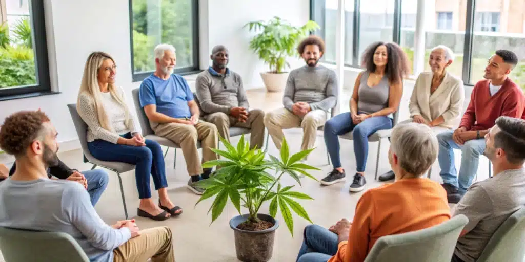 Patients and caregivers sharing experiences in a supportive community meeting on cannabis treatment for brain cancer.