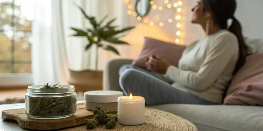 Individual relaxing at home with natural cannabis products for chronic pain treatment.