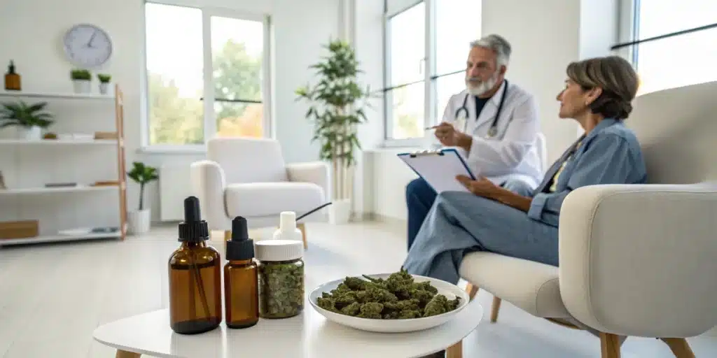 Doctor discussing cannabis treatment for chronic pain with a patient in a modern clinical environment.