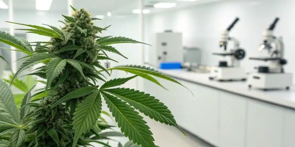 Close-up of a cannabis plant in a lab illustrating cannabis used for cancer treatment.