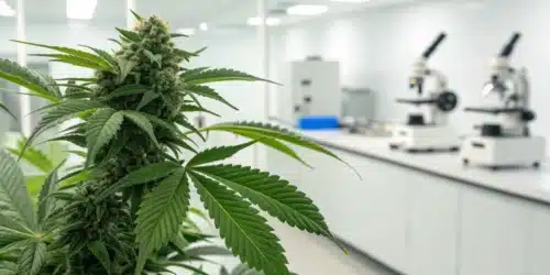 Close-up of a cannabis plant in a lab illustrating cannabis used for cancer treatment.