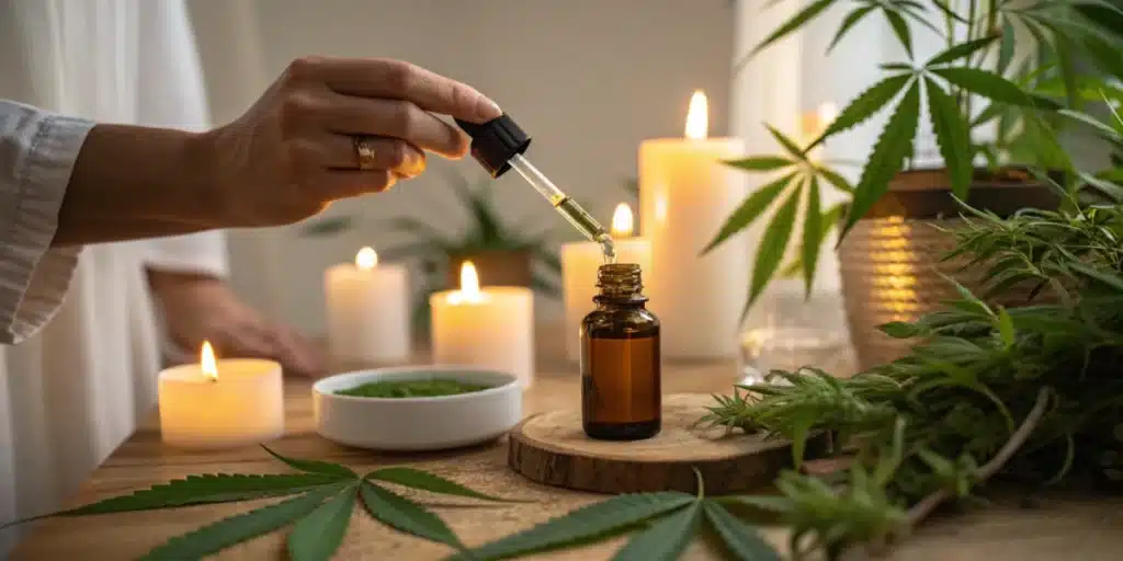 A hand dispensing CBD oil from a dropper bottle surrounded by candles, cannabis leaves, and natural decor in a calming indoor environment.