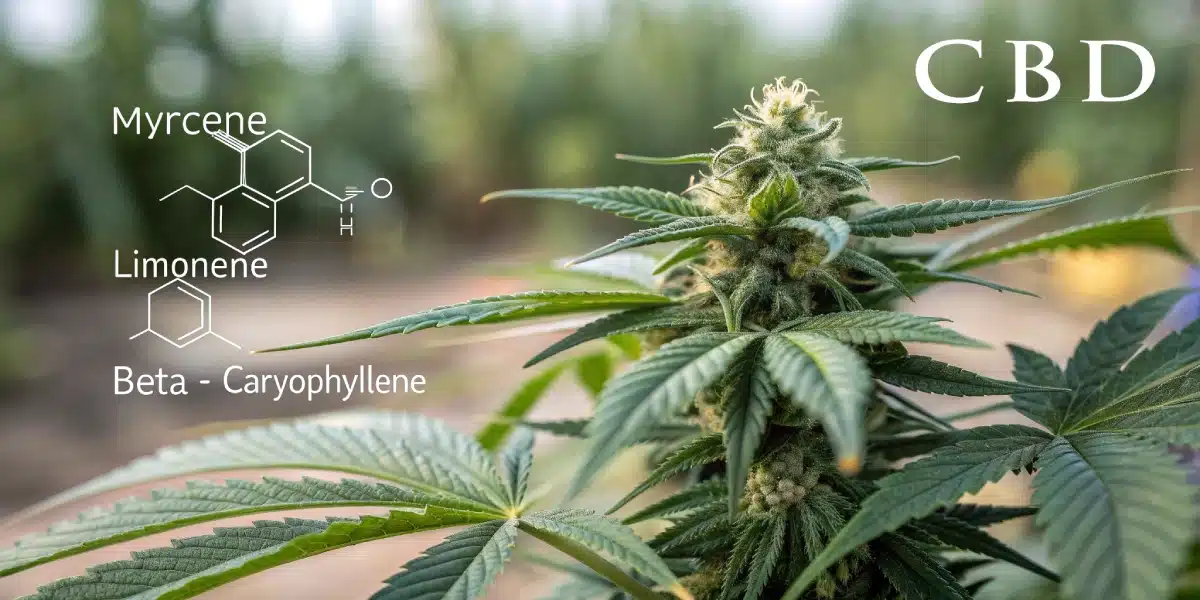 Lush cannabis bud in focus, displaying chemical structures of pain-relieving terpenes under soft natural lighting.