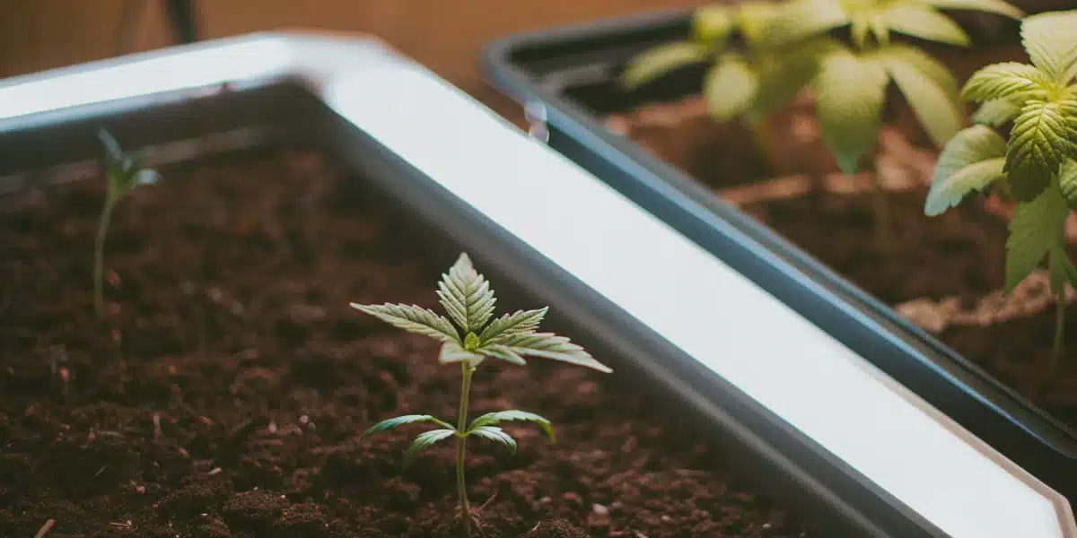 Small cannabis seedling sprouting in rich soil under bright grow lights, surrounded by young plants