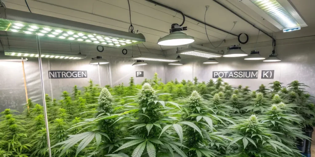 Indoor cannabis grow showing nutrient deficiency signs under LED lights, with nitrogen, phosphorus, and potassium labels on the wall


