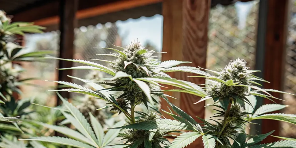 Outdoor cannabis plant in full flowering stage inside a protected garden structure

