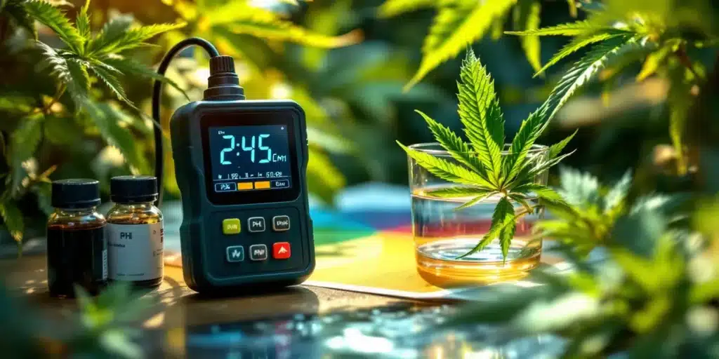 pH meter displaying "2:45" next to a glass with a cannabis leaf and bottles, surrounded by cannabis plants.
