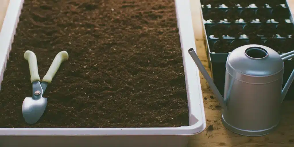 Tray filled with fresh soil, a silver watering can, and a small hand spade, ready for planting cannabis seedlings