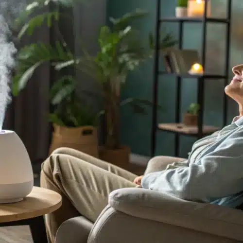 Relaxed woman enjoying aromatherapy with a diffuser, seated in a cozy room with a CBD dropper bottle on a nearby table