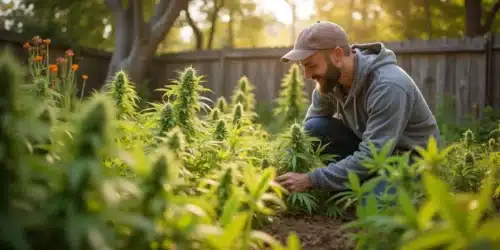 Cannabis plants after 1 month growing outdoors in a home garden.