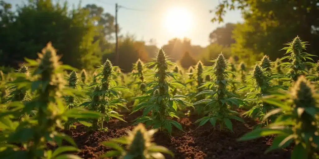 Short cannabis plants growing in a sunny outdoor field.

