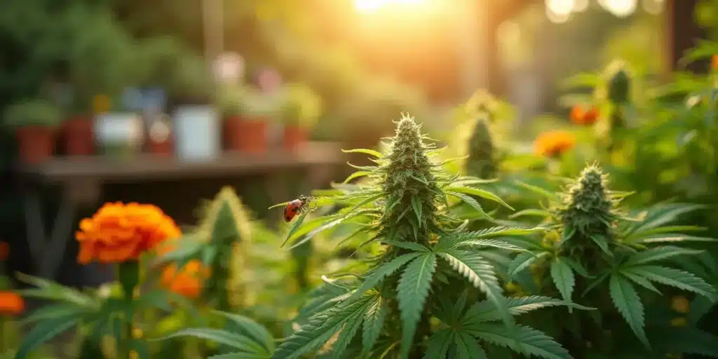 A thriving outdoor cannabis plant with a ladybug and companion plants in the Northeast. 