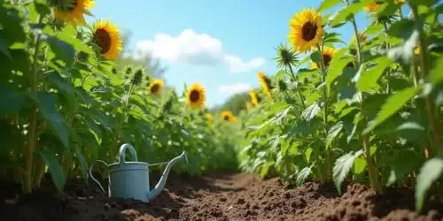 A well-maintained cannabis field growing alongside sunflowers,