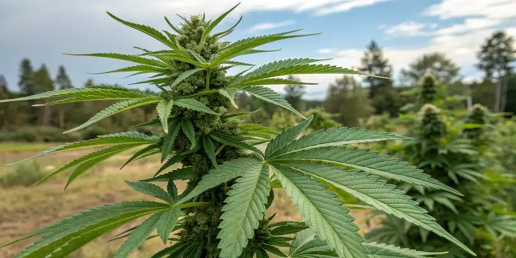 Close-up of a compact autoflowering cannabis plant growing outside in natural light.
