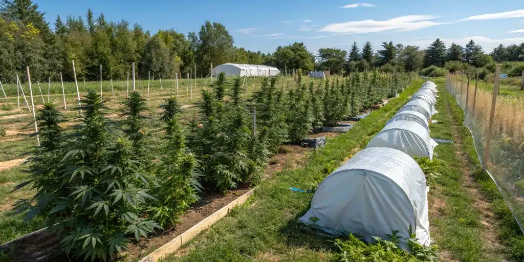 Outdoor garden setup showcasing healthy autoflowering cannabis plants thriving under natural sunlight.