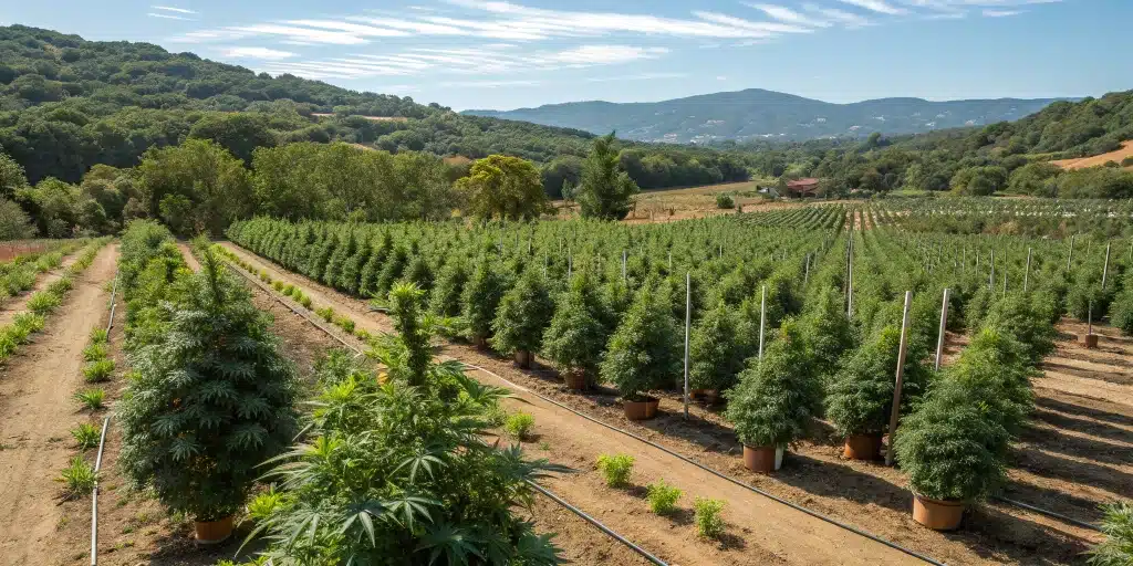 Panoramic view of an outdoor autoflowering cannabis garden with healthy plants and natural environmental conditions.