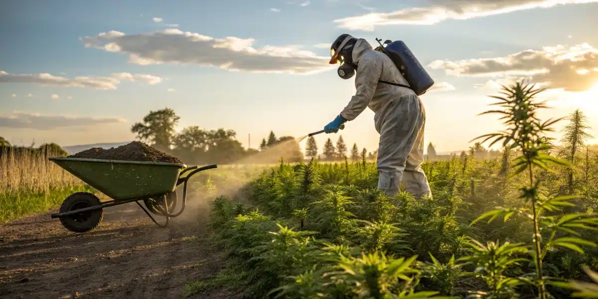 Worker in protective gear spraying organic nutrients on outdoor cannabis plants at sunset to boost soil health