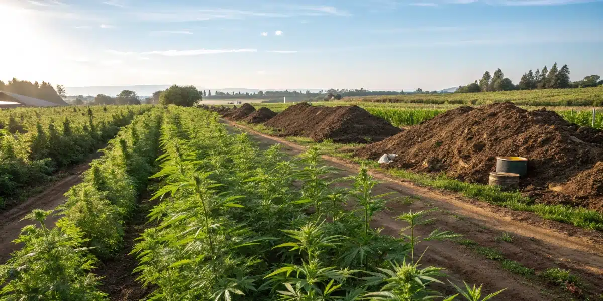 Rows of thriving outdoor weed plants with large piles of organic compost enhancing soil fertility in a sunlit field