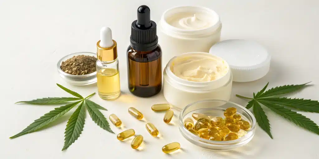 Illustration of two wellness bottles labeled CBD and CBN with minimalistic graphics and scientific details.