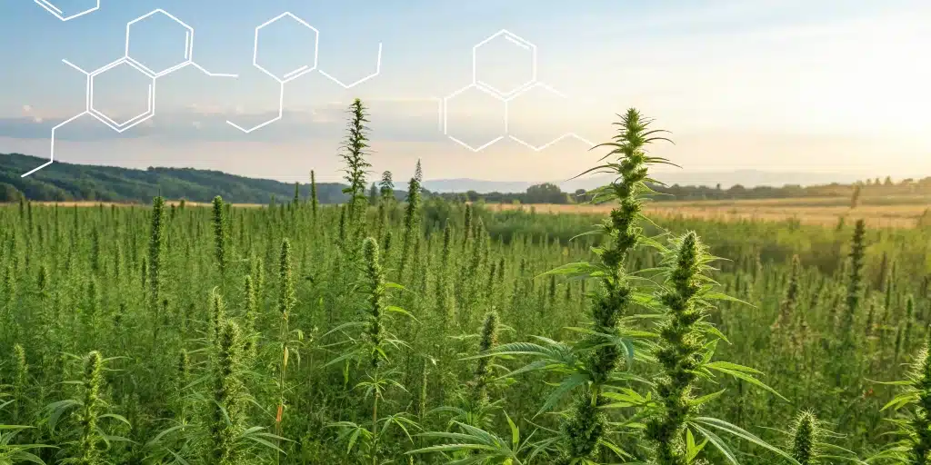 Illustration of a hemp field with overlays of CBD and CBN molecular structures, emphasizing natural origins and wellness applications.
