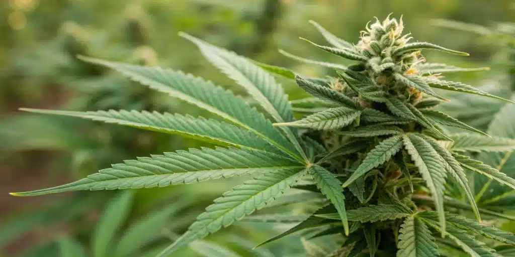 Realistic close-up of a cannabis plant with labels indicating CBD-rich and THC-rich areas, emphasizing detailed trichomes.