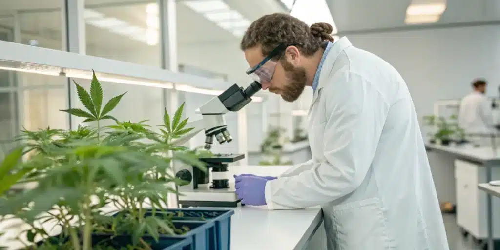 Realistic lab photo of a scientist analyzing cannabis extracts marked CBD and THC with modern digital instruments.