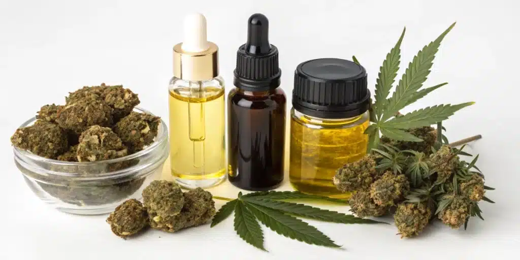 Realistic image displaying various cannabis products labeled CBD and THC, arranged on a clean background for clear comparison.