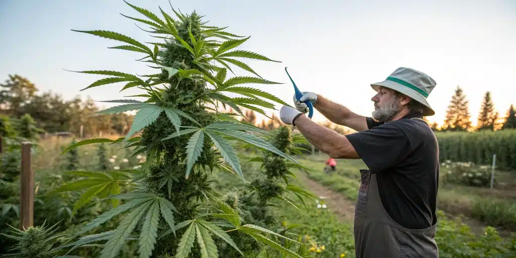 Grower pruning an outdoor cannabis plant to optimize structure and achieve outdoor growing 10 pound plants.