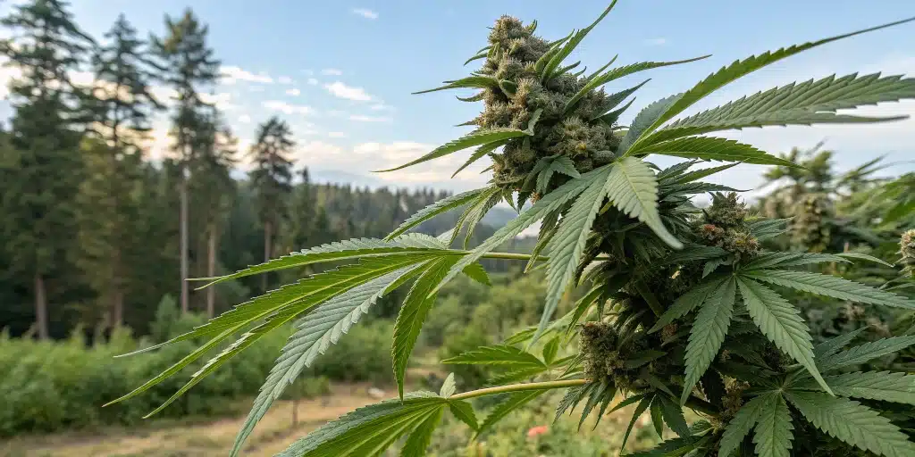 Close-up of dense cannabis buds on a large outdoor plant, exemplifying outdoor growing 10 pound plants.