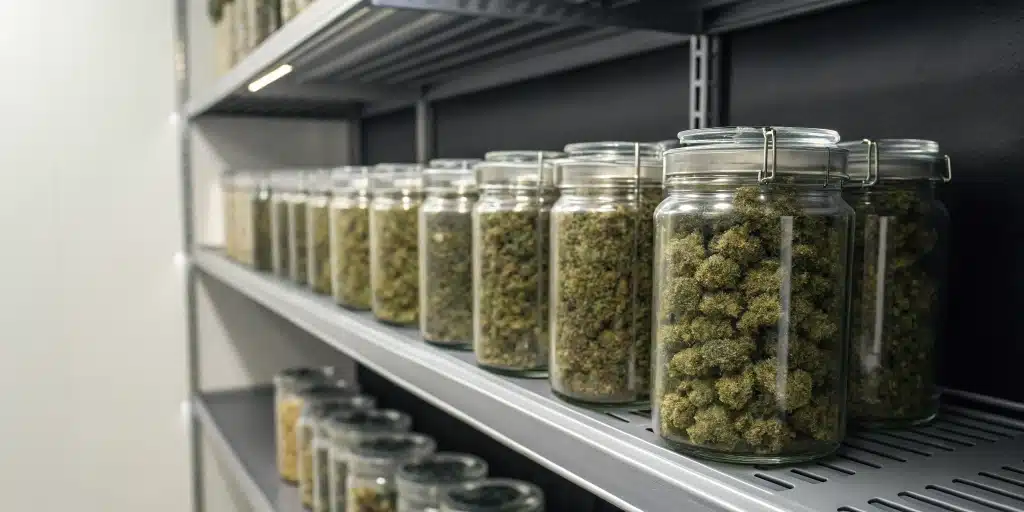 Organized cannabis storage shelf with airtight containers in a cool, dark environment ensuring product freshness.