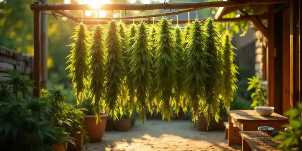 Drying weed outdoors: Cannabis branches hanging.