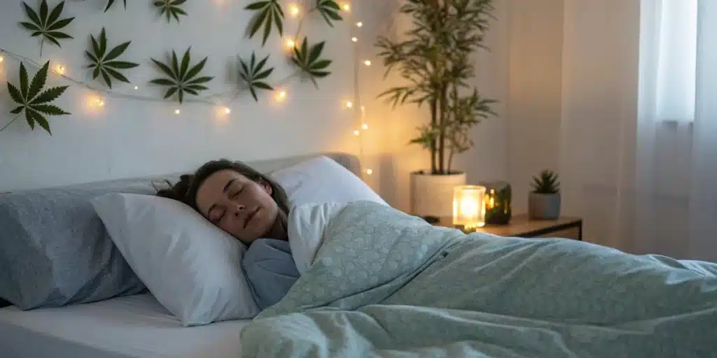 Peaceful bedroom scene with a sleeping person and soft cannabis visuals symbolizing natural sleep aid.