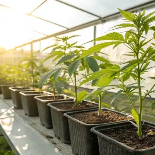 Cannabis clones transitioning outdoors under soft sunlight, representing the best time to put clones outside.