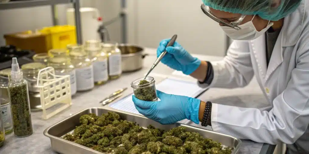Photo of an individual using extraction tools in a controlled environment to make cannabis concentrates, demonstrating a practical DIY method.