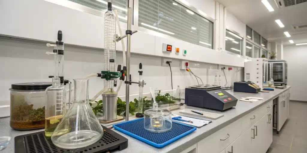 Realistic image of a well-organized home lab with cannabis extraction equipment, emphasizing safety and efficiency.