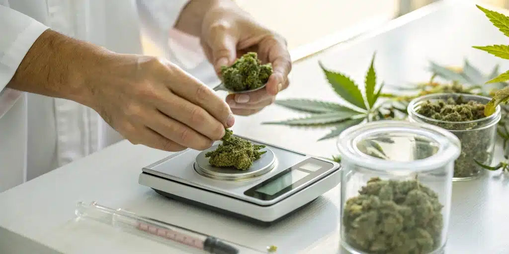 User operating a digital scale for weighing weed to ensure accurate cannabis measurement.