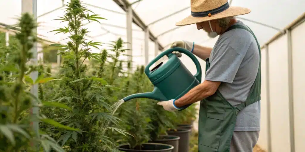 Cannabis plants being flushed with water in a professional grow room setting.
