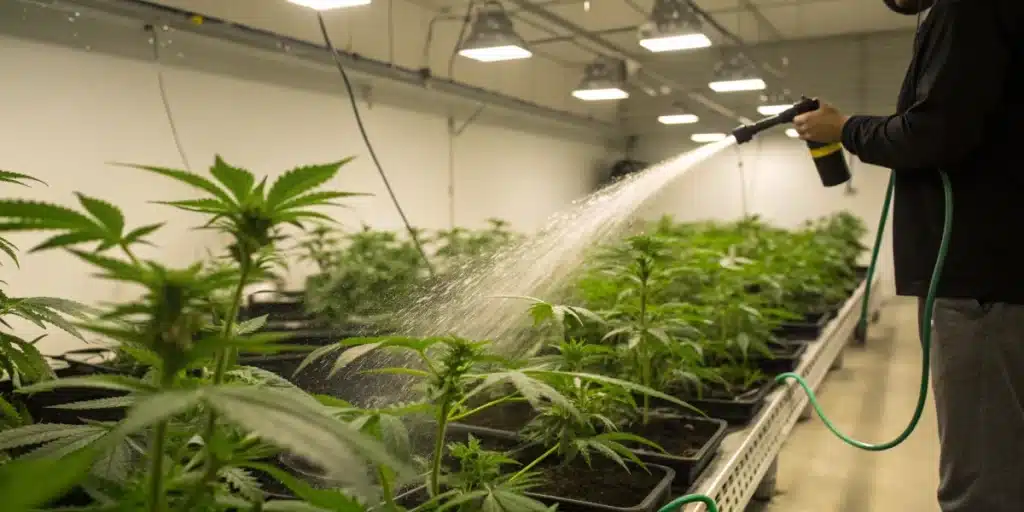 Gardener using a watering can to flush cannabis plants before harvest for improved quality.