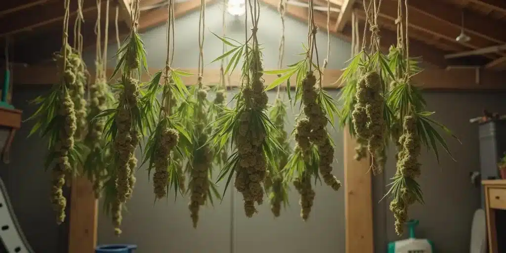 Drying weed outdoors: Freshly harvested cannabis plants hanging upside down in a ventilated drying room, preserving terpenes and cannabinoid potency.