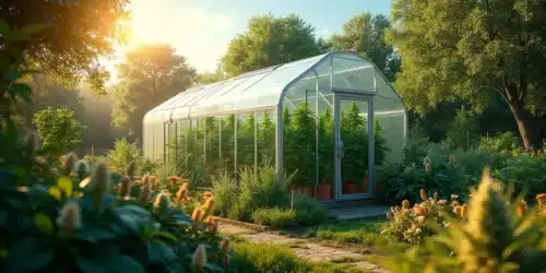 Greenhouse setup for outdoor cannabis growing with natural sunlight exposure.