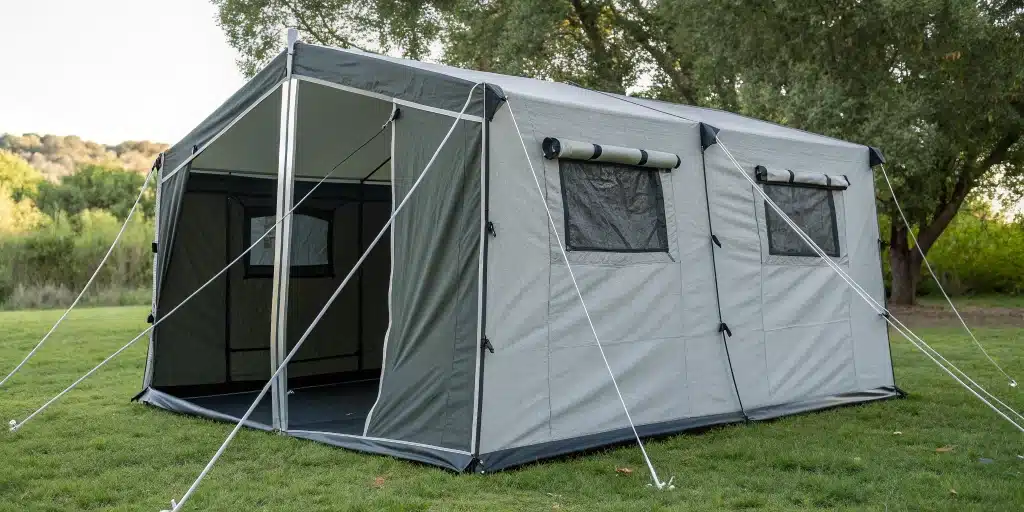 Outdoor Grow Tents with proper ventilation and sturdy anchoring on a windy day.