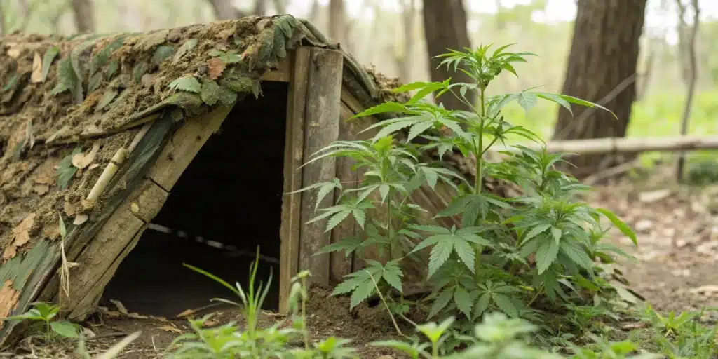 Concealed grow structure in Guerilla Hidden Outdoor Grow, demonstrating stealthy outdoor cannabis setup.