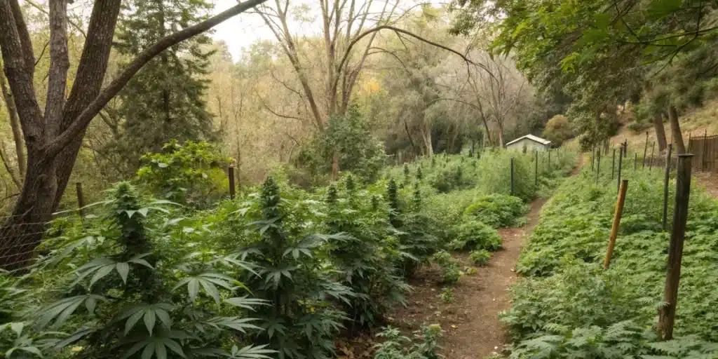 Hidden outdoor cannabis garden for Guerilla Hidden Outdoor Grow, blending with natural surroundings.